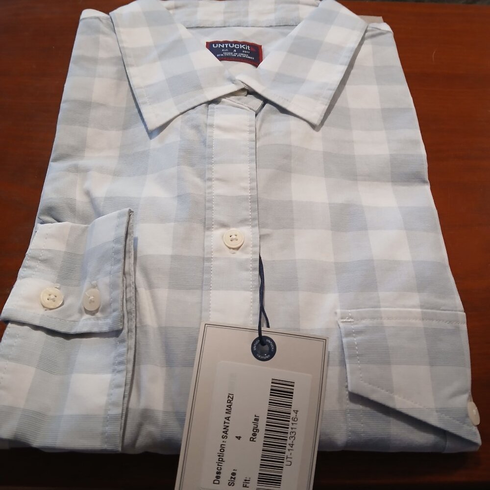 Untuckit  Santa Marzi Women's  Blue and White Plaid Long Sleeve Button D…